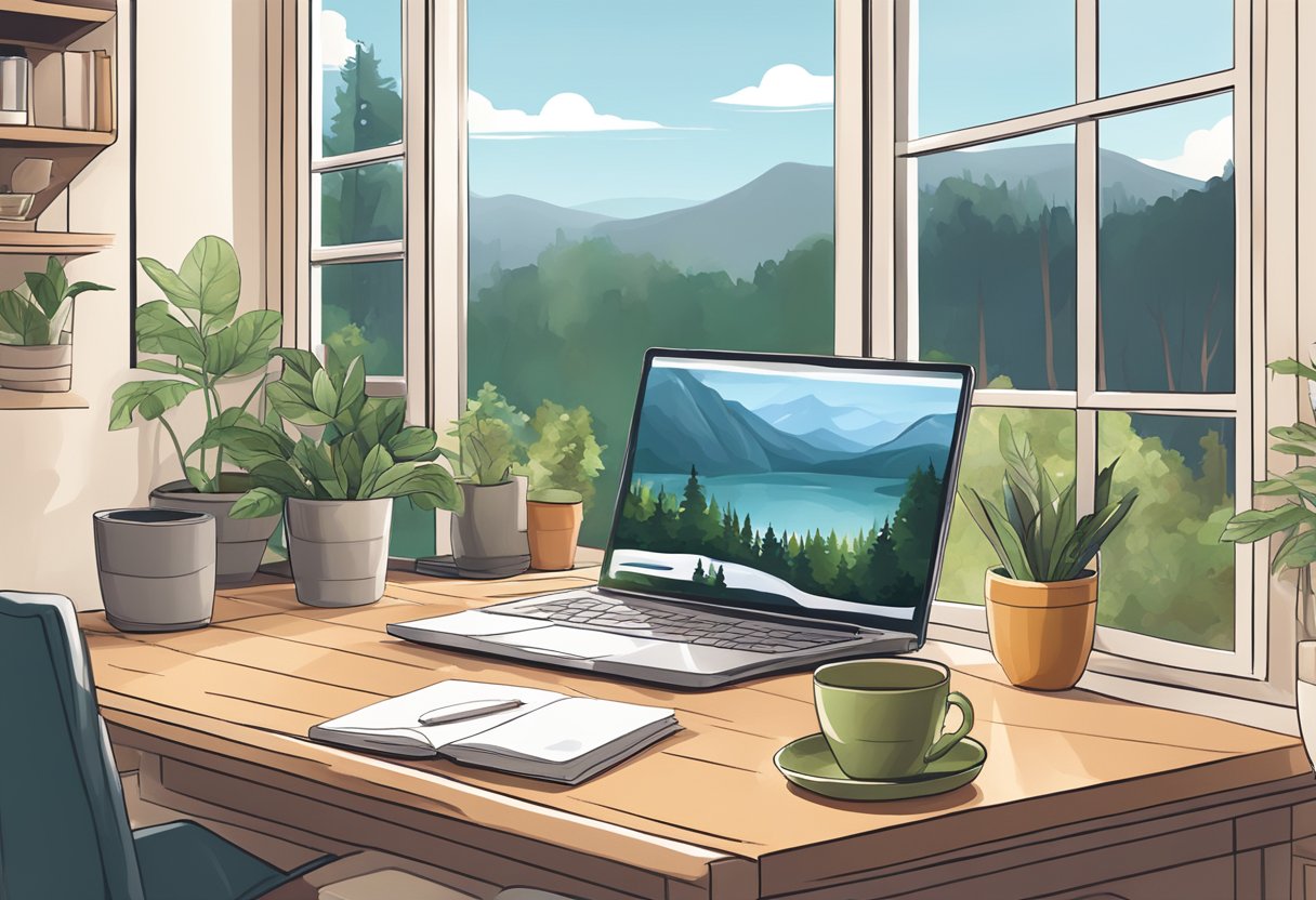 A laptop surrounded by a cozy home office setup, with a view of a tranquil outdoor setting through a window