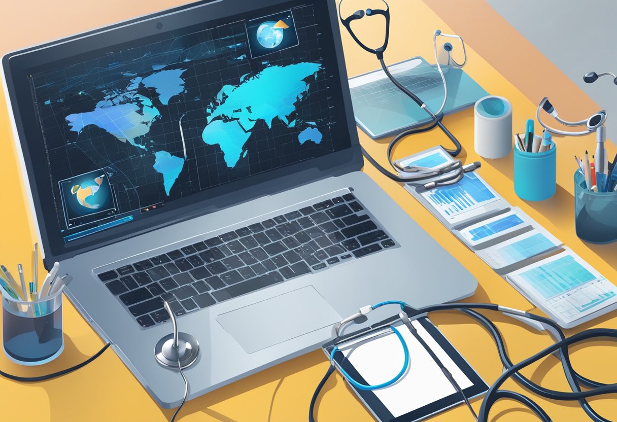 A laptop with a stethoscope and medical chart, surrounded by a globe and various electronic devices, symbolizing remote healthcare jobs