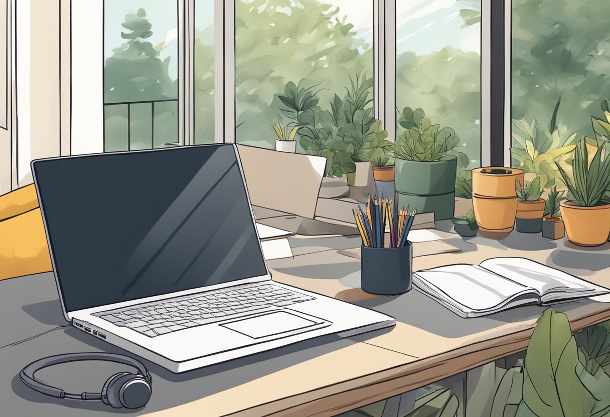 A cozy home office with a laptop, sketchbook, and art supplies. A virtual meeting with a diverse team of professionals. A serene outdoor setting with a laptop and headphones