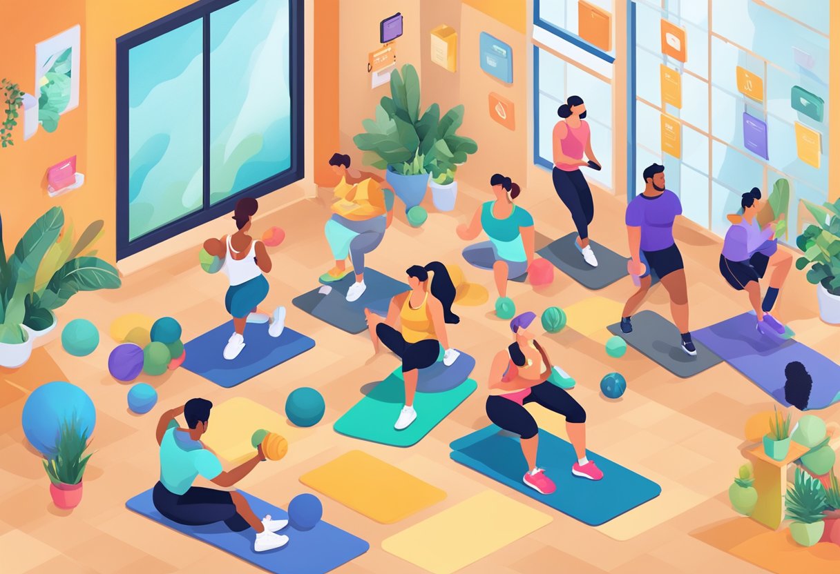 A vibrant virtual gym with trainers leading online classes, while nutritionists offer personalized meal plans through video calls