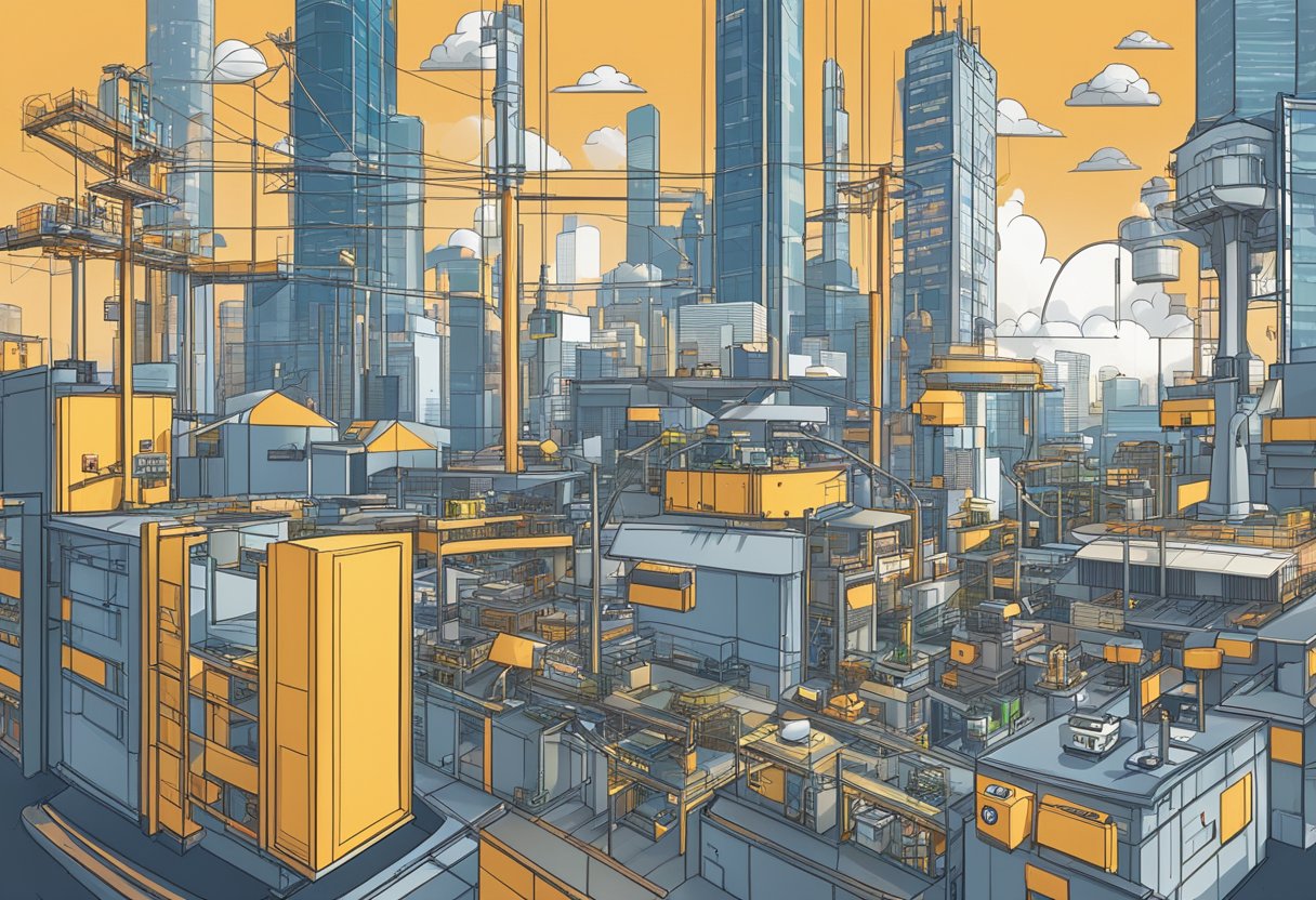 A bustling city skyline with various industry symbols floating above, connected by a network of remote workstations