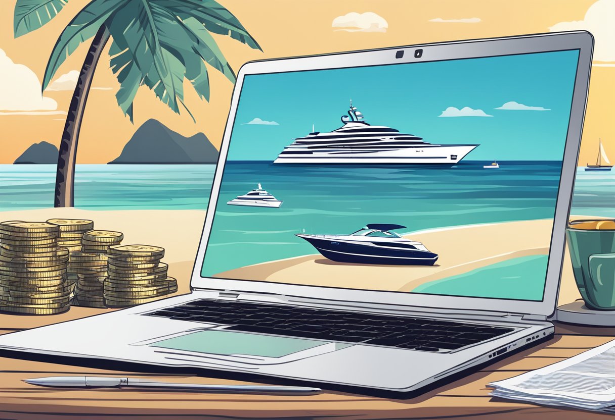 A laptop surrounded by stacks of money and contracts, with a tropical beach background and a luxury yacht in the distance