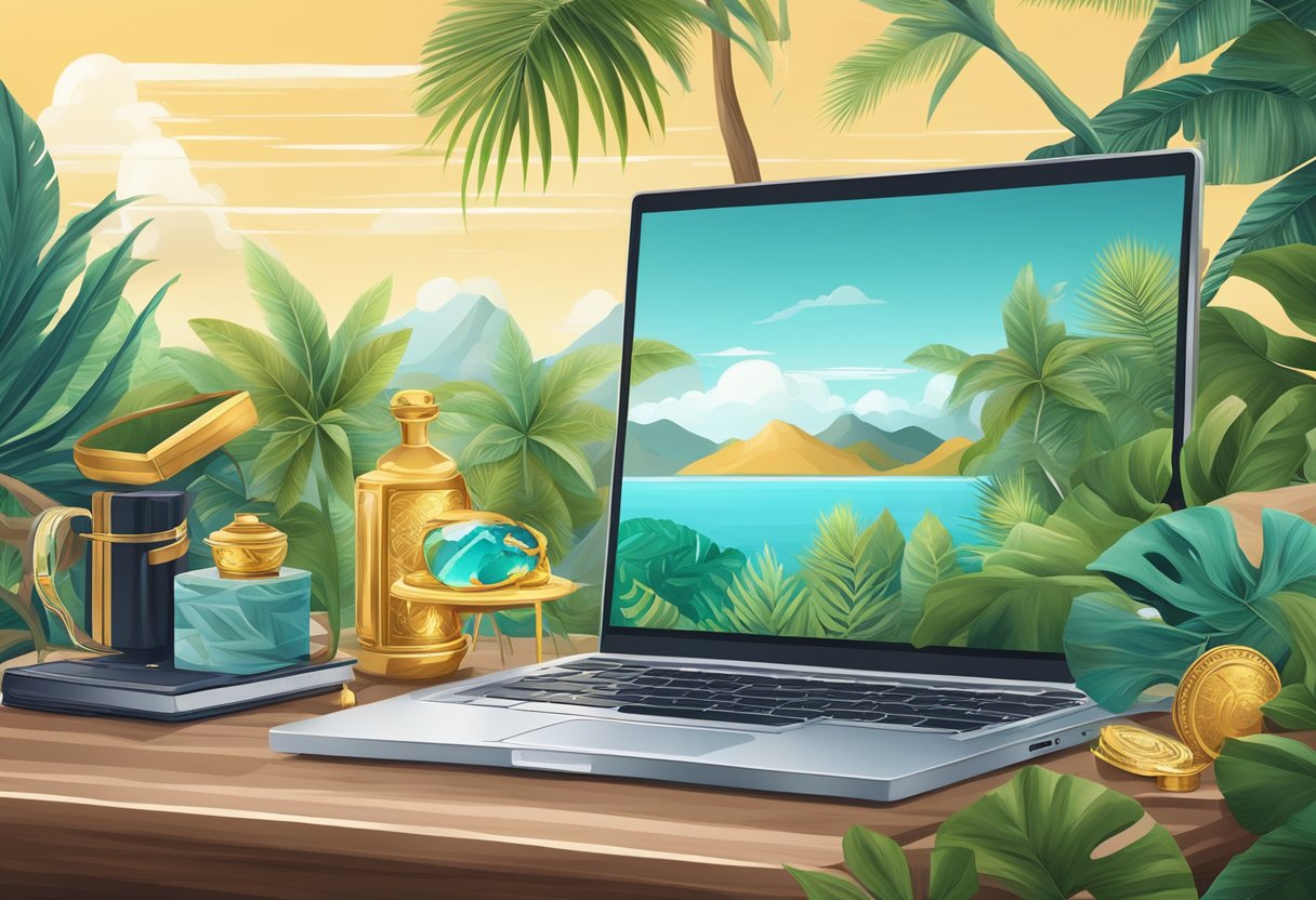 A laptop surrounded by tropical scenery and luxury items, symbolizing wealth and success in remote work