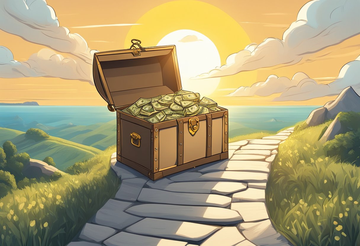 A winding path leads to a treasure chest overflowing with money, surrounded by remote work opportunities. The sky is clear, and the sun is shining, symbolizing the potential for wealth and success in remote careers