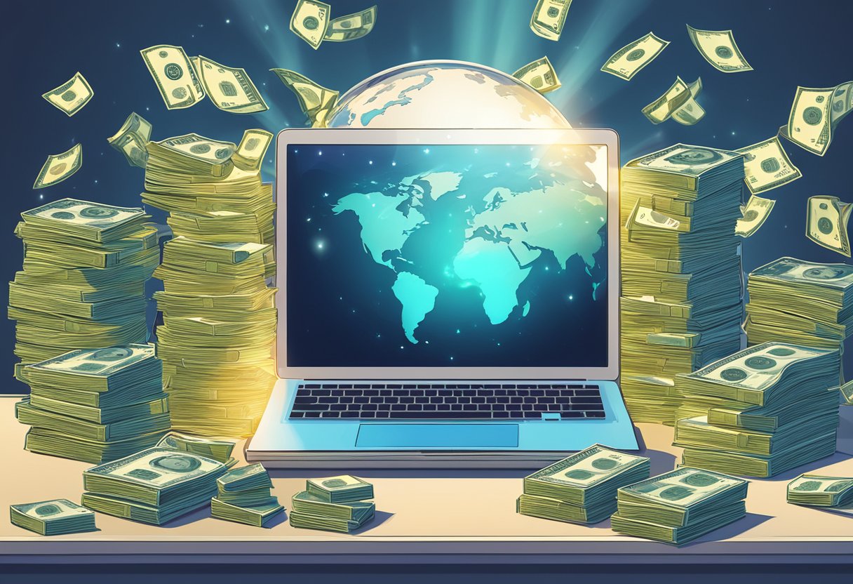 A laptop surrounded by stacks of money and a globe, with a bright light shining on it, representing lucrative remote job opportunities in technology and IT