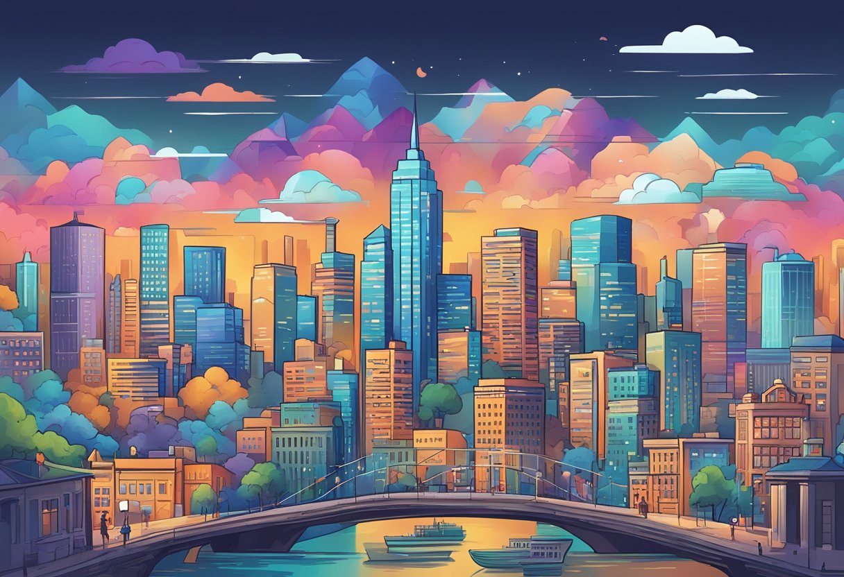 A bustling city skyline with various creative industries in action, such as graphic design, writing, marketing, and programming, all connected through remote work