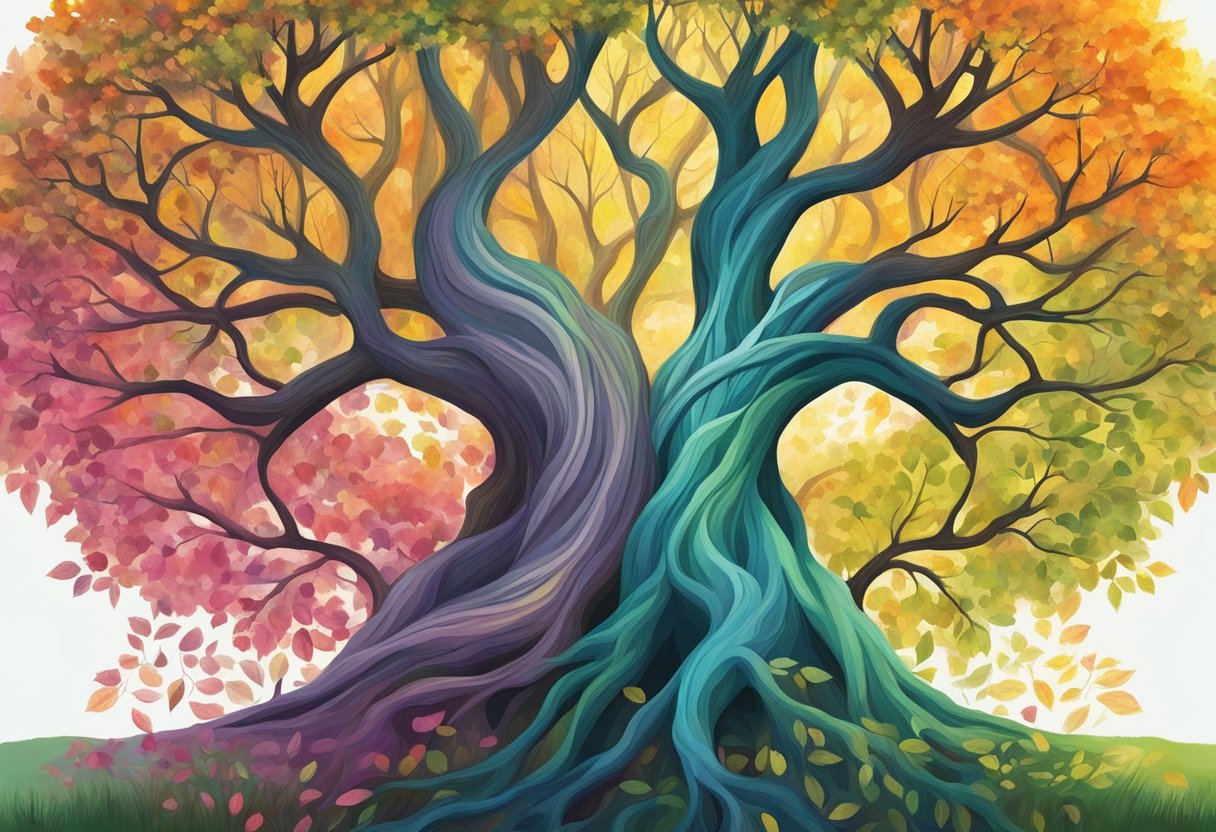 Two interconnected trees with vibrant foliage, symbolizing the bond between relationships and conscious living