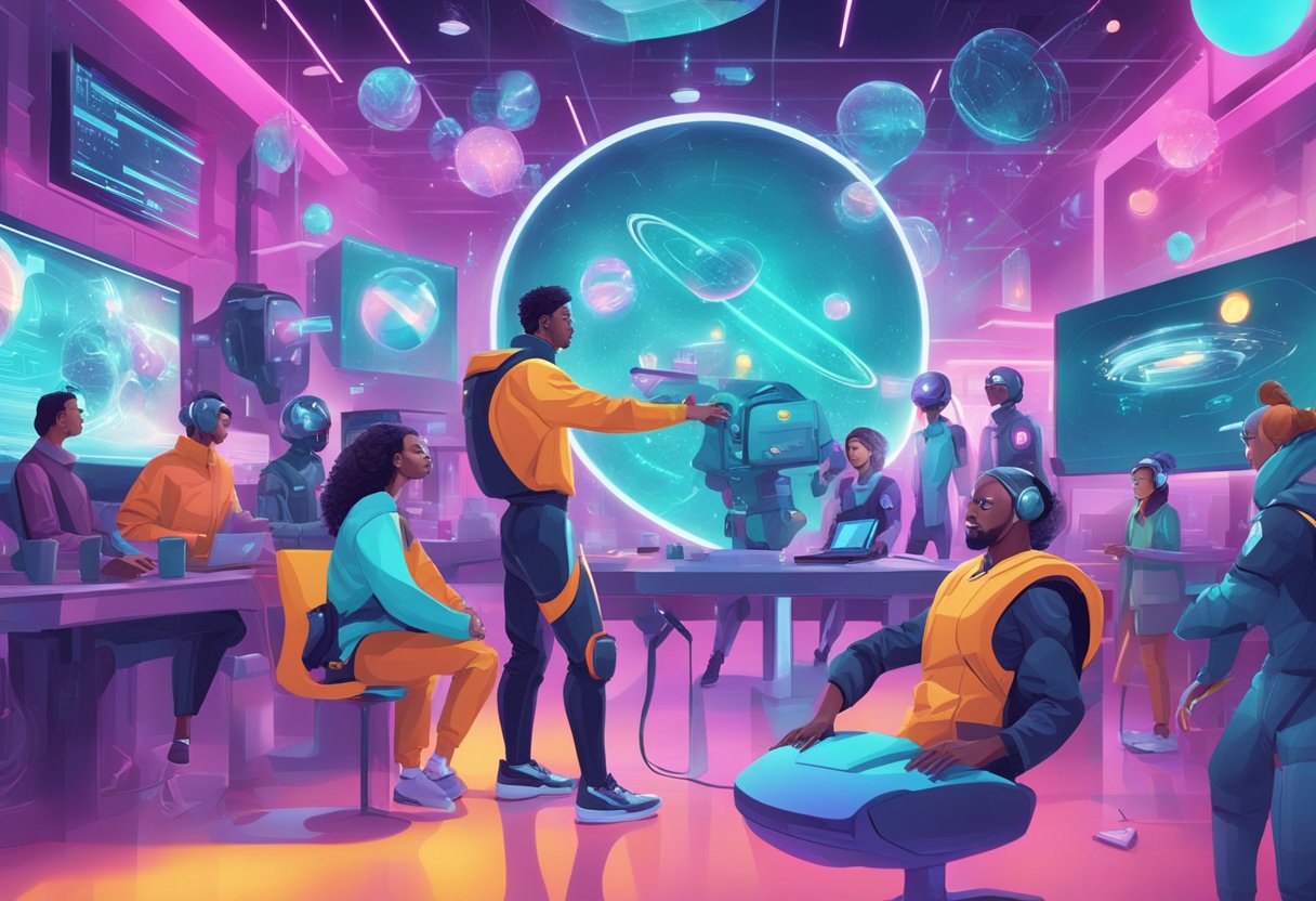 A group of futuristic AI characters interacting in a virtual world, surrounded by vibrant pop culture references and alternative sites