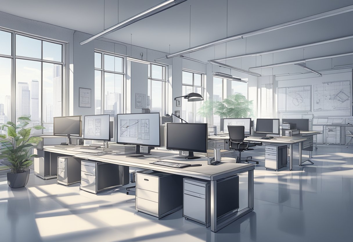 A modern office with sleek computers and drafting tables, surrounded by blueprints and technical drawings. The atmosphere is focused and innovative, with a sense of creativity and potential for wealth