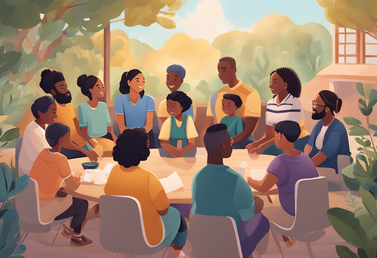 A group of diverse characters gather in a welcoming environment, offering support and encouragement to one another. The setting exudes warmth and inclusivity, with various symbols of community and connection present