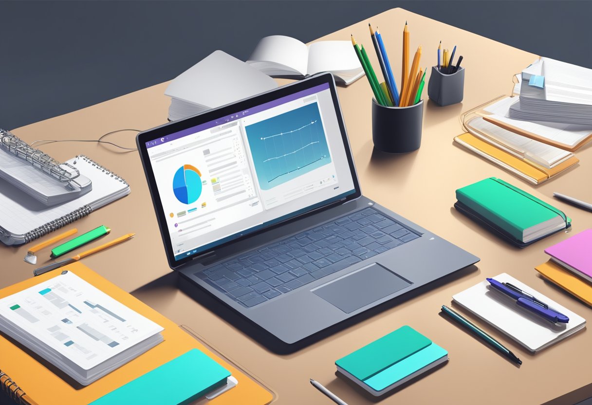 A laptop sits on a sleek desk, surrounded by modern office supplies. A virtual business and management book is open, with a pen resting on the page