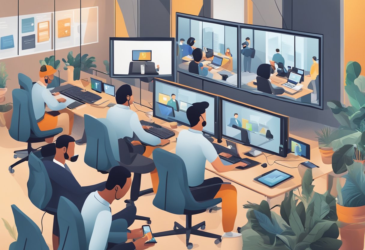 A bustling virtual office with multiple screens, phones, and headsets. A remote worker types furiously while others engage in video calls and online meetings