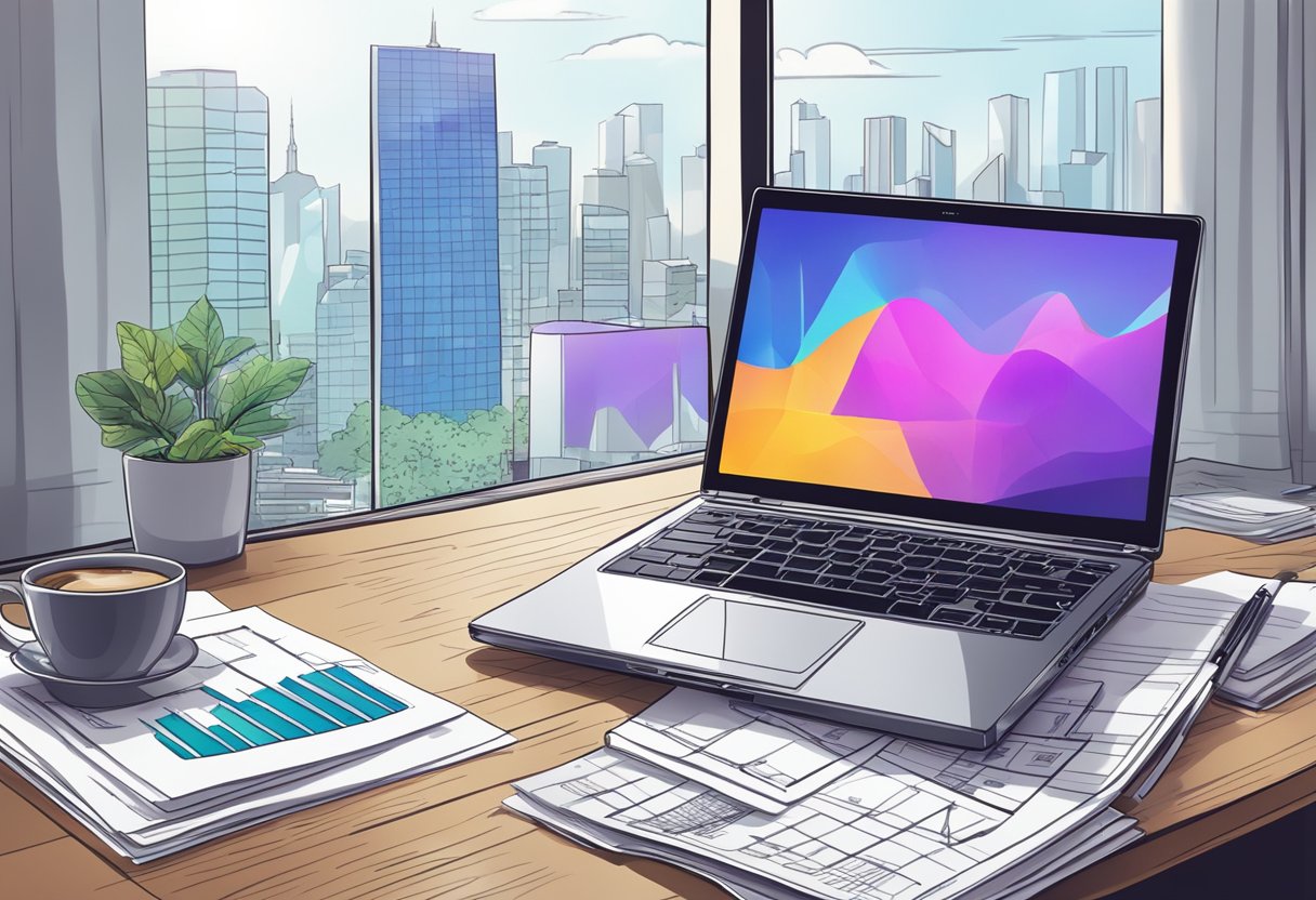 A laptop on a desk with financial charts, a calculator, and a cup of coffee. A window shows a city skyline in the background