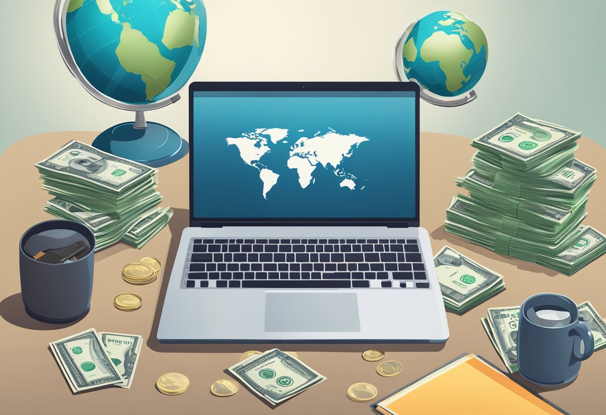 A laptop with a globe on the screen, surrounded by a stack of money and a contract, symbolizing high-paying remote jobs