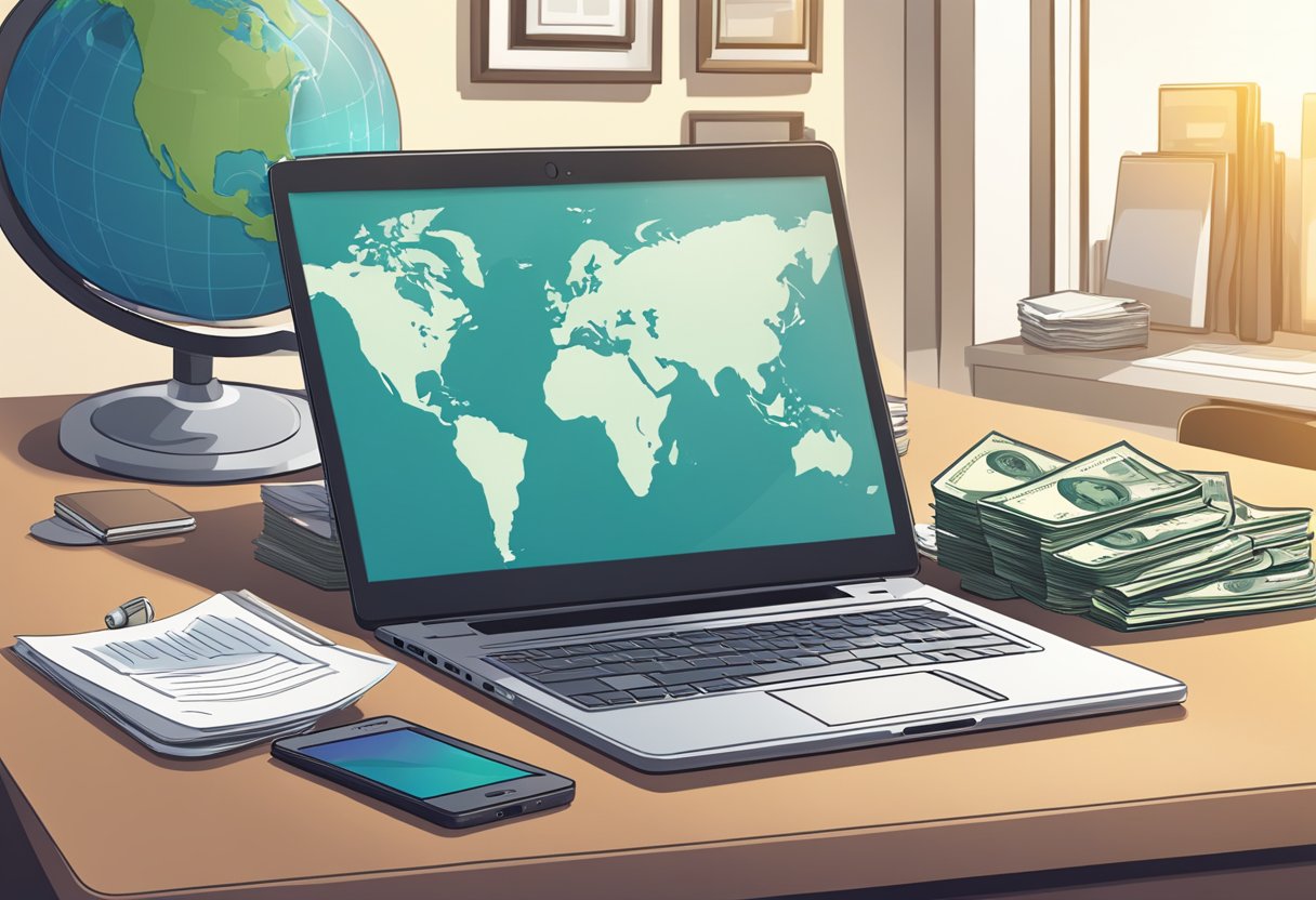 A laptop, phone, and tablet on a desk, with a globe in the background. A stack of money and a contract nearby