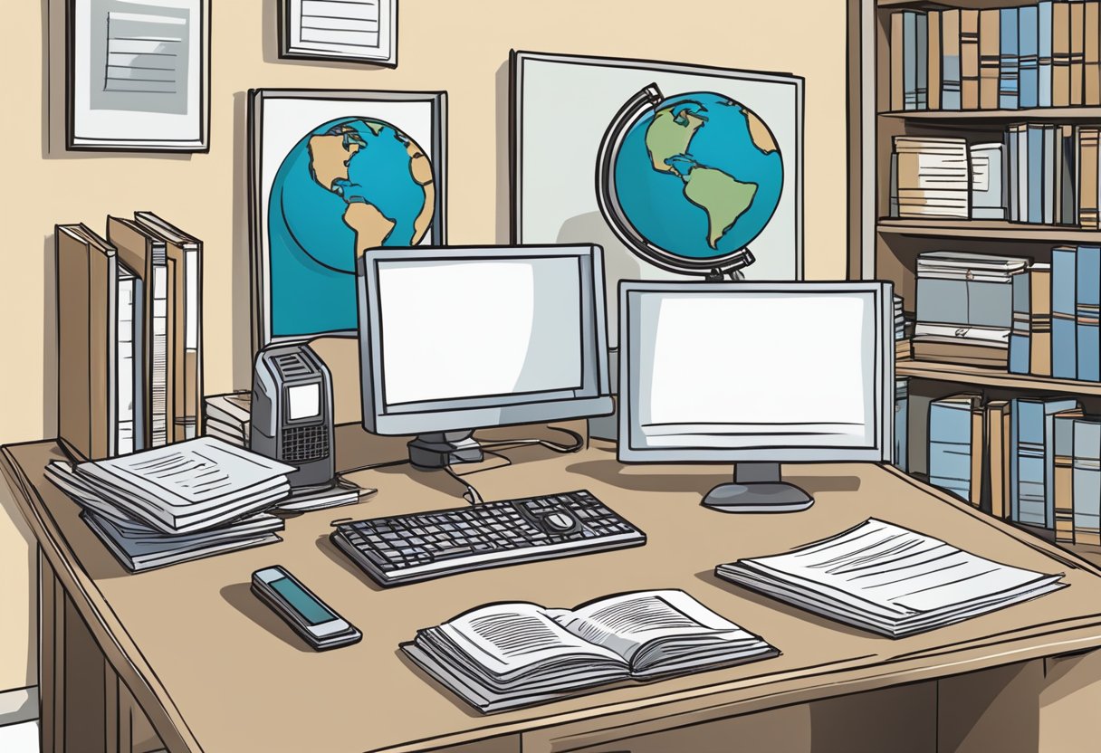 A desk with a computer, phone, and paperwork. A globe and a stack of books. A sign that reads "High-Paying Jobs" and "Never Outsourced."