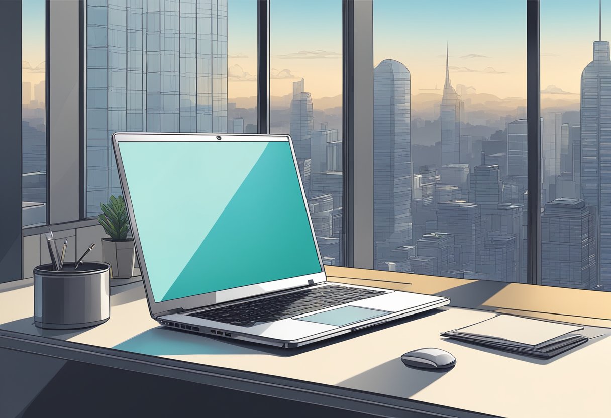 A laptop on a sleek desk, surrounded by modern office equipment, with a view of a city skyline through a large window