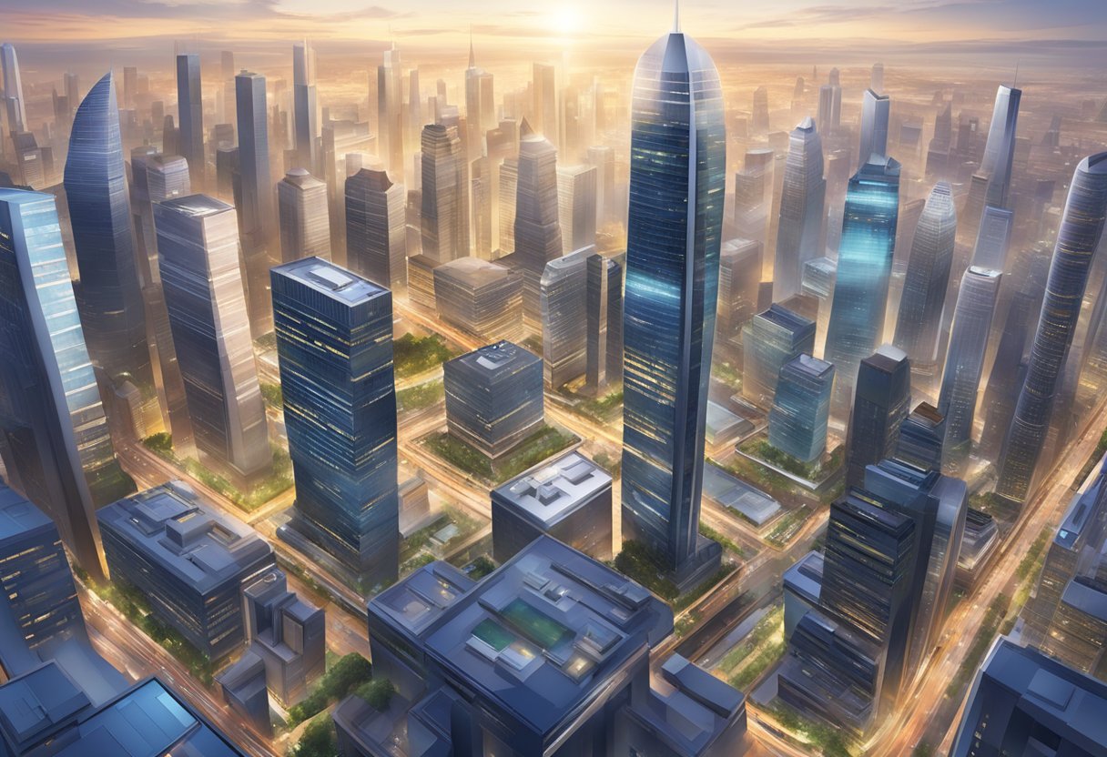 A bustling cityscape with towering skyscrapers and advanced technology, showcasing the headquarters of top-paying industries like finance, healthcare, and technology