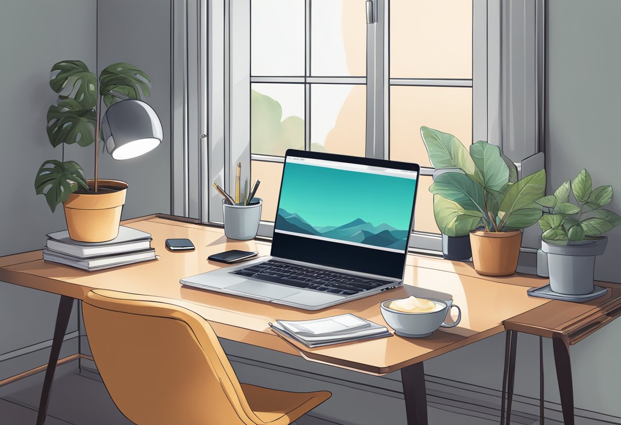 A laptop, smartphone, and notebook sit on a desk with a comfortable chair. A large window lets in natural light, creating a peaceful and productive workspace for remote work