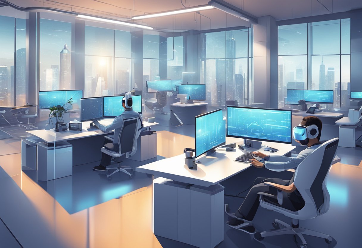 A futuristic office with advanced technology, virtual reality workstations, and autonomous robots performing tasks