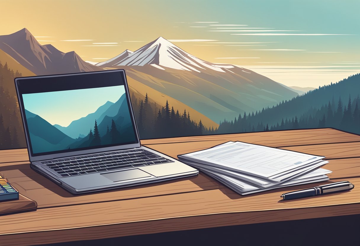 A laptop on a wooden desk overlooks a scenic mountain landscape. A stack of contracts and a calculator sit next to it, with a briefcase in the background