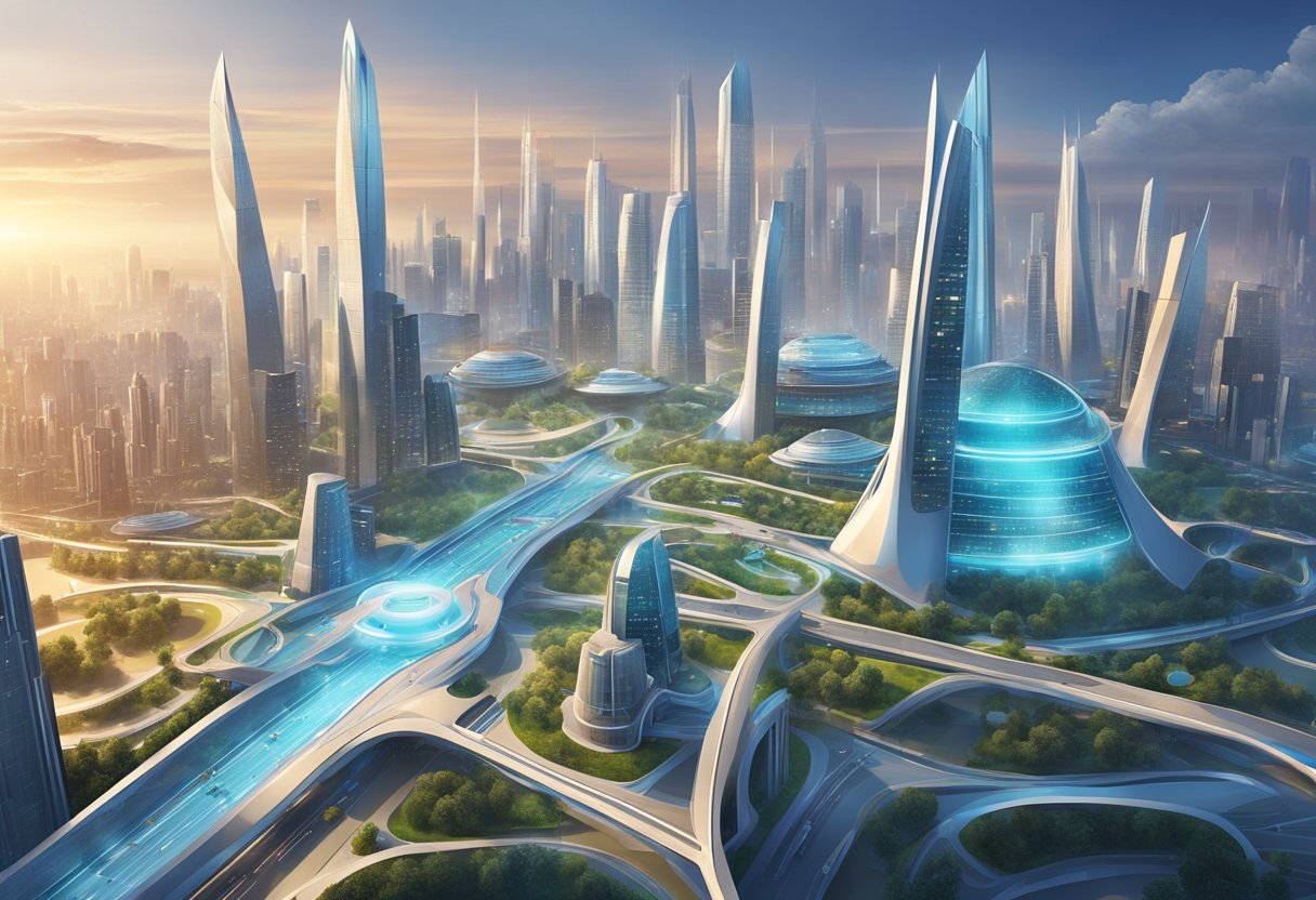 A futuristic city skyline with high-tech buildings and advanced infrastructure, showcasing opportunities in technology and engineering