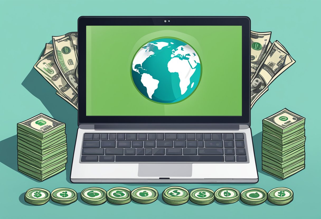 A laptop with medical symbols and a dollar sign on the screen, surrounded by a globe and a stack of money