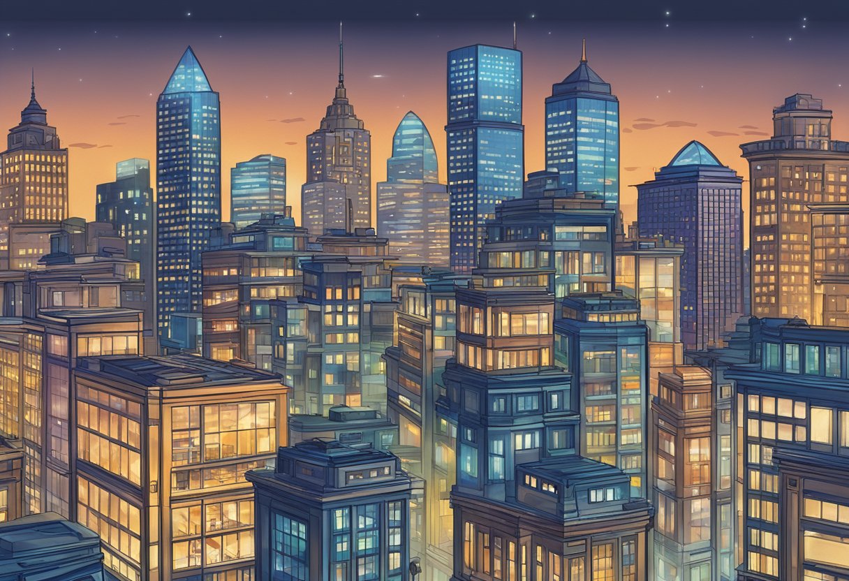 A bustling city skyline with various office buildings, each with glowing windows indicating professionals working remotely. A mix of traditional and modern architecture symbolizes the diverse financial professions embracing remote structures