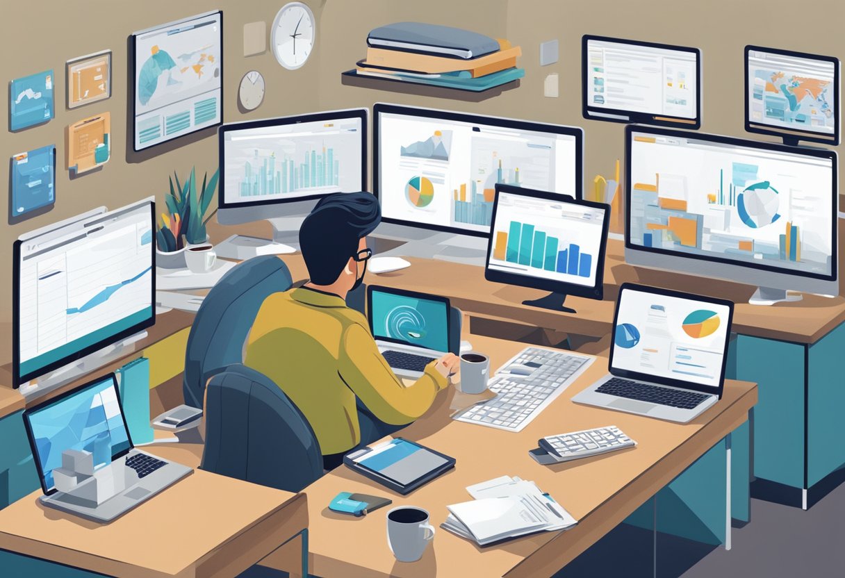 A remote worker sits at a desk, surrounded by screens and devices. They are making important decisions and managing a team of workers from various locations