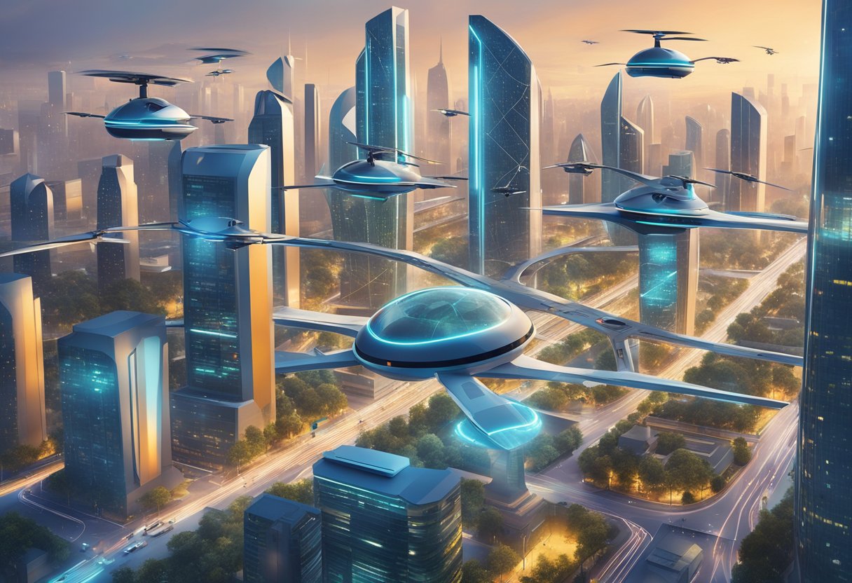 A futuristic cityscape with sleek, interconnected buildings and advanced technology. A network of drones and autonomous vehicles buzz through the air and streets, showcasing the innovative remote roles and emerging fields that could lead to financial success