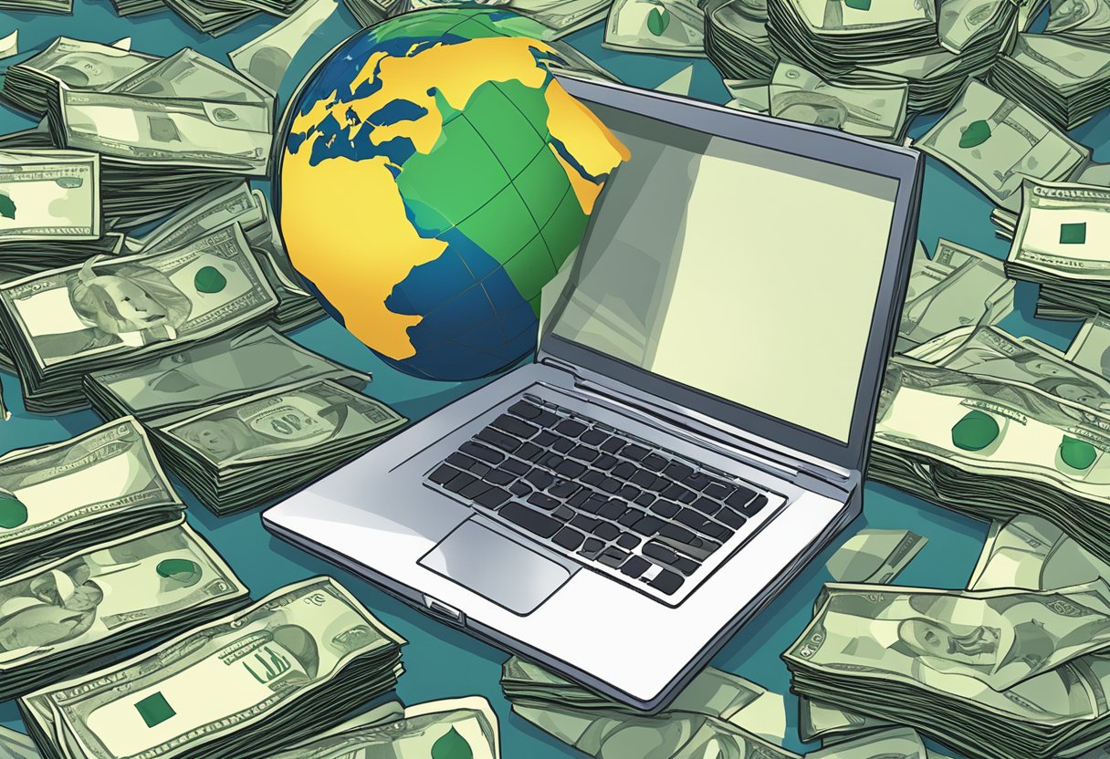 A laptop surrounded by dollar signs and money bags, with a globe in the background symbolizing global opportunity