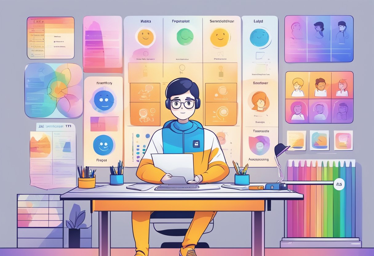 A character AI template, with a range of emotions, sits on a desk surrounded by colorful mood charts and personality trait lists