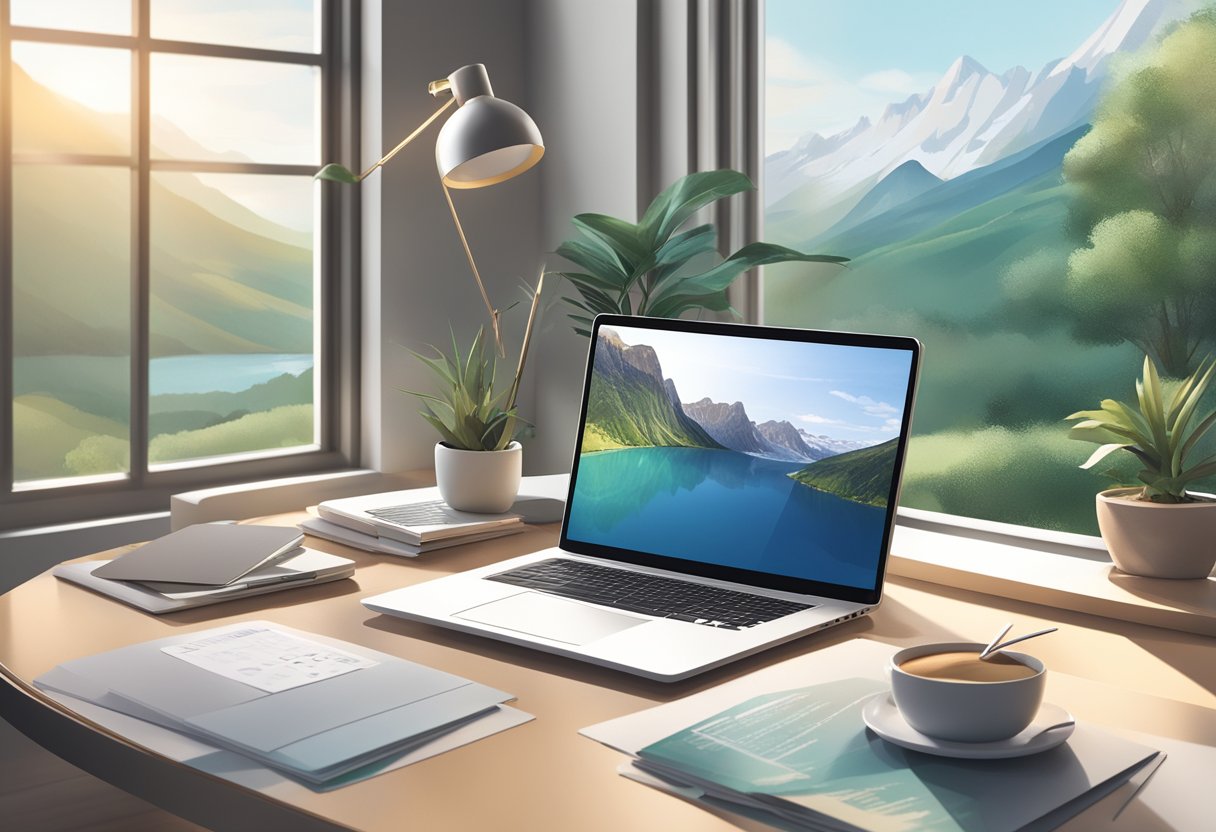 A laptop on a sleek desk, surrounded by motivational quotes and a vision board. A window overlooks a tranquil landscape, symbolizing the freedom and potential of remote work