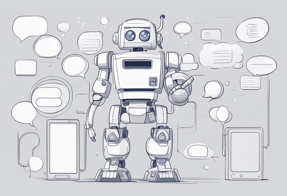 A character AI template stands on a blank canvas, surrounded by thought bubbles and speech boxes. The character's features are neutral, ready to be customized