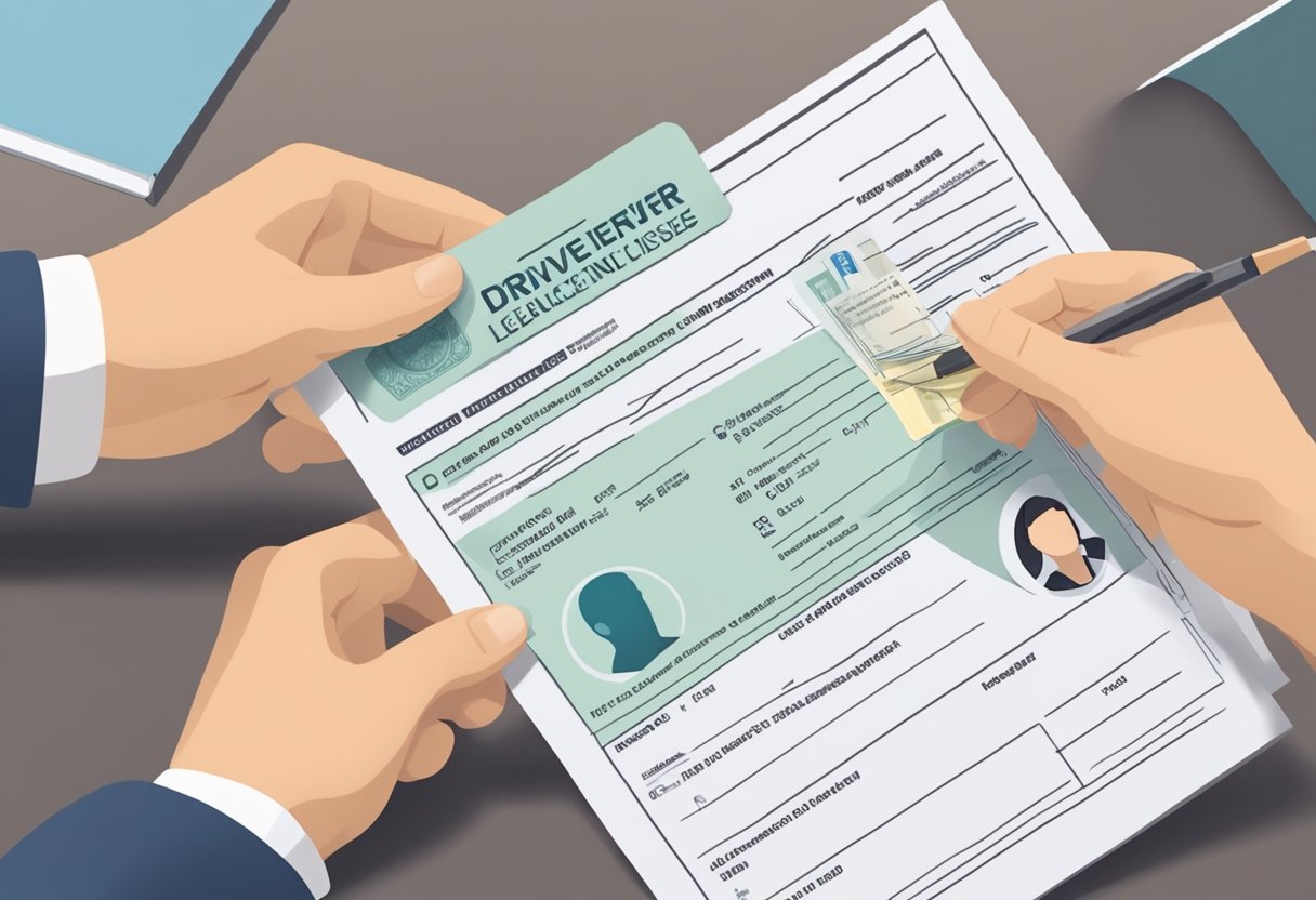 A hand holding a driver's license and another hand holding a legal document. The two hands are exchanging the documents, representing the transfer of points from one driver's license to another