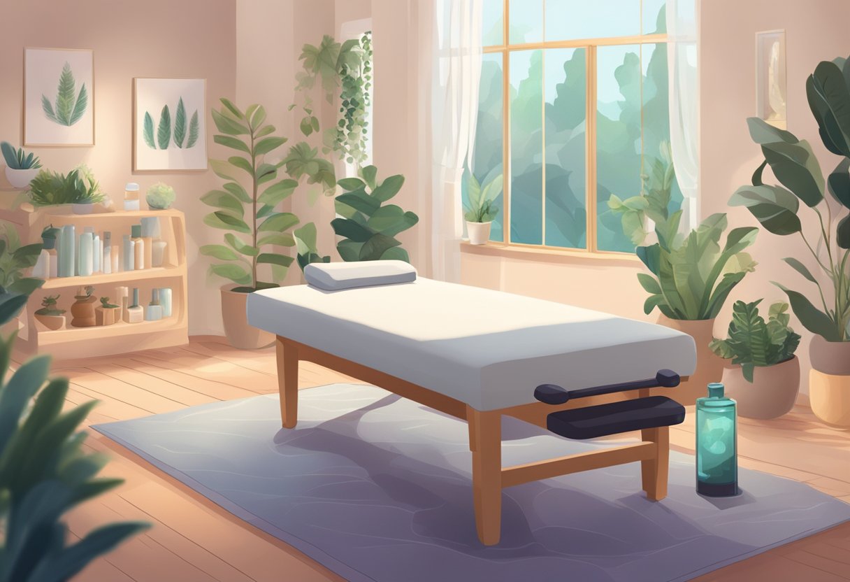 A serene room with soft lighting, plants, and calming decor. A massage table with essential oils and crystals. Peaceful music plays in the background