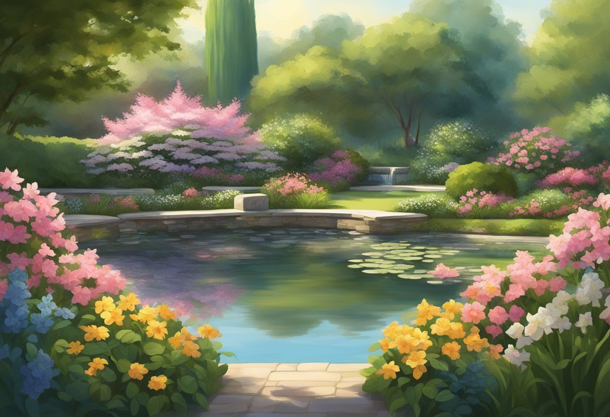 A serene garden with blooming flowers and a tranquil pond, surrounded by lush greenery and bathed in soft sunlight