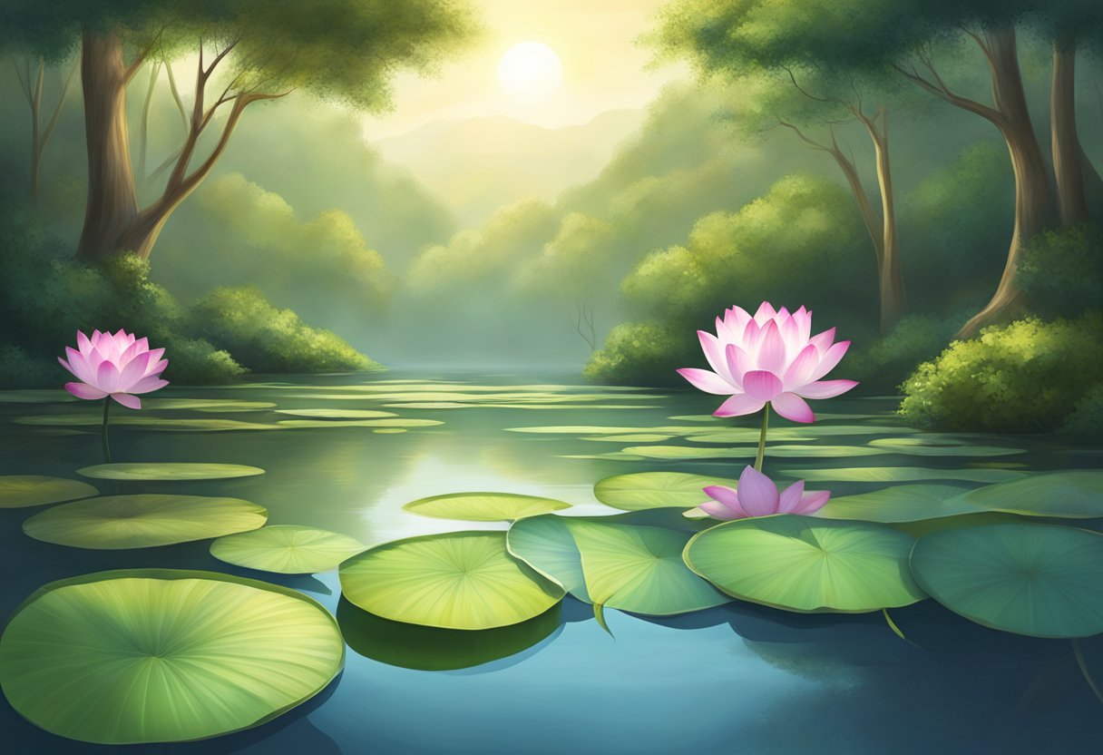 A serene setting with a lotus flower blooming in a tranquil pond, surrounded by lush greenery and gentle sunlight streaming through the trees