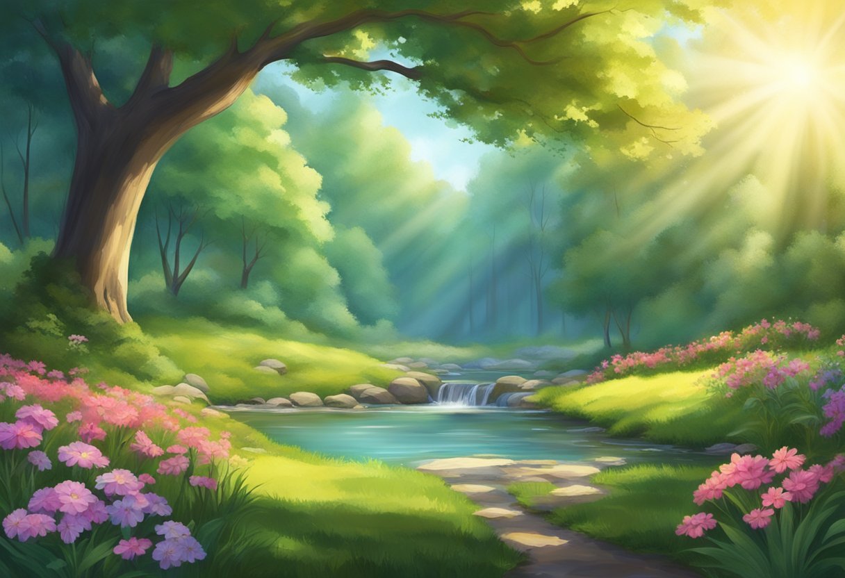 A serene forest clearing with a gentle stream, surrounded by vibrant flowers and lush greenery. Sunlight filters through the trees, creating a peaceful and calming atmosphere