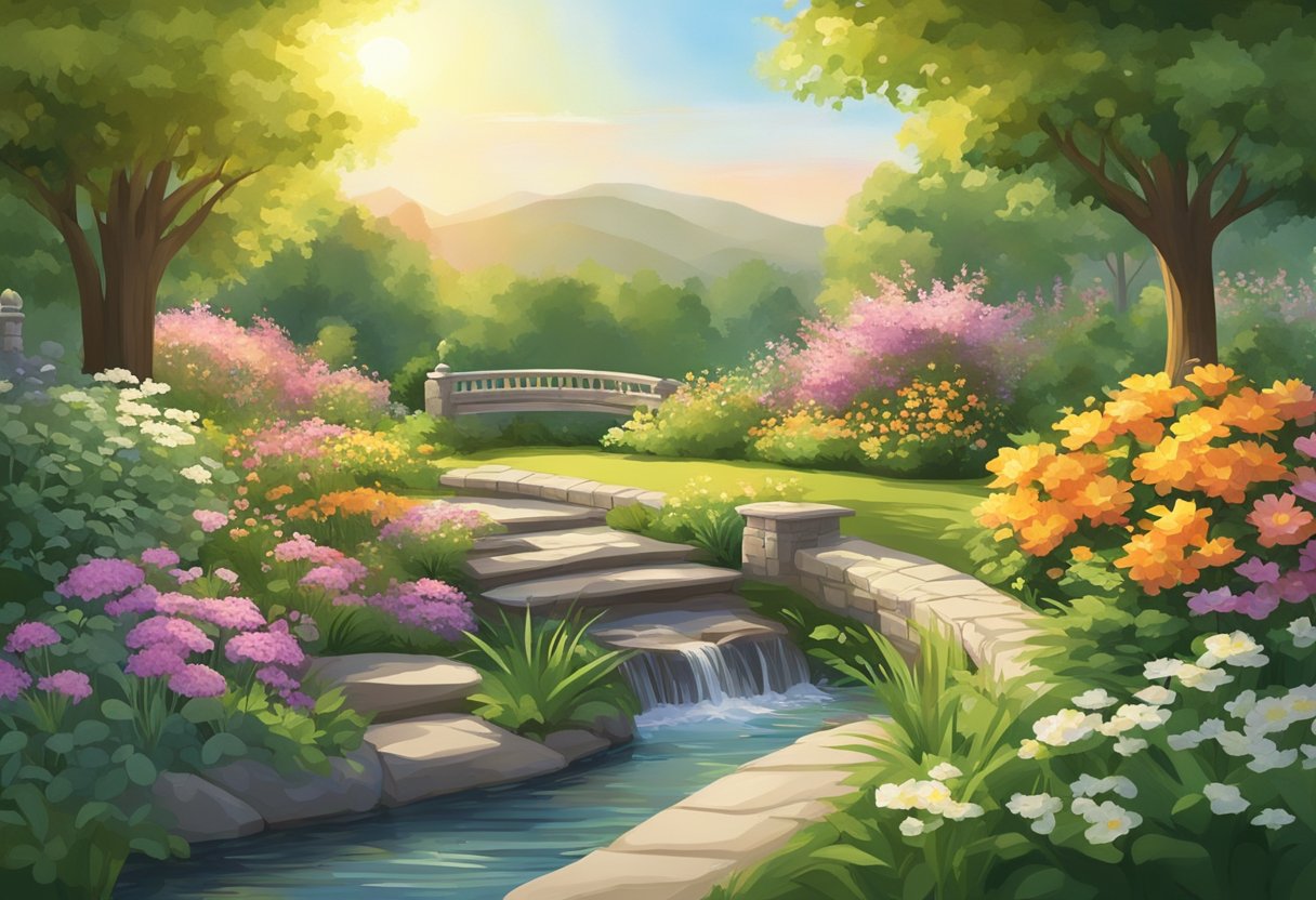 A serene garden with a flowing stream, surrounded by lush greenery and blooming flowers, with the sun casting a warm, peaceful glow over the scene