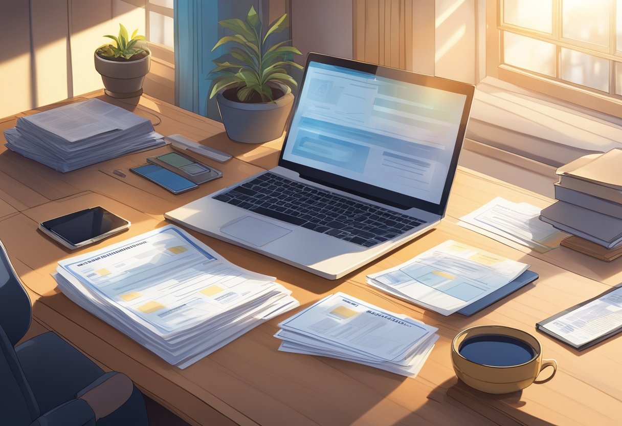 A driver's license with points transfer paperwork sits on a desk, surrounded by legal documents and a computer. Light streams in through a window, casting a warm glow on the scene