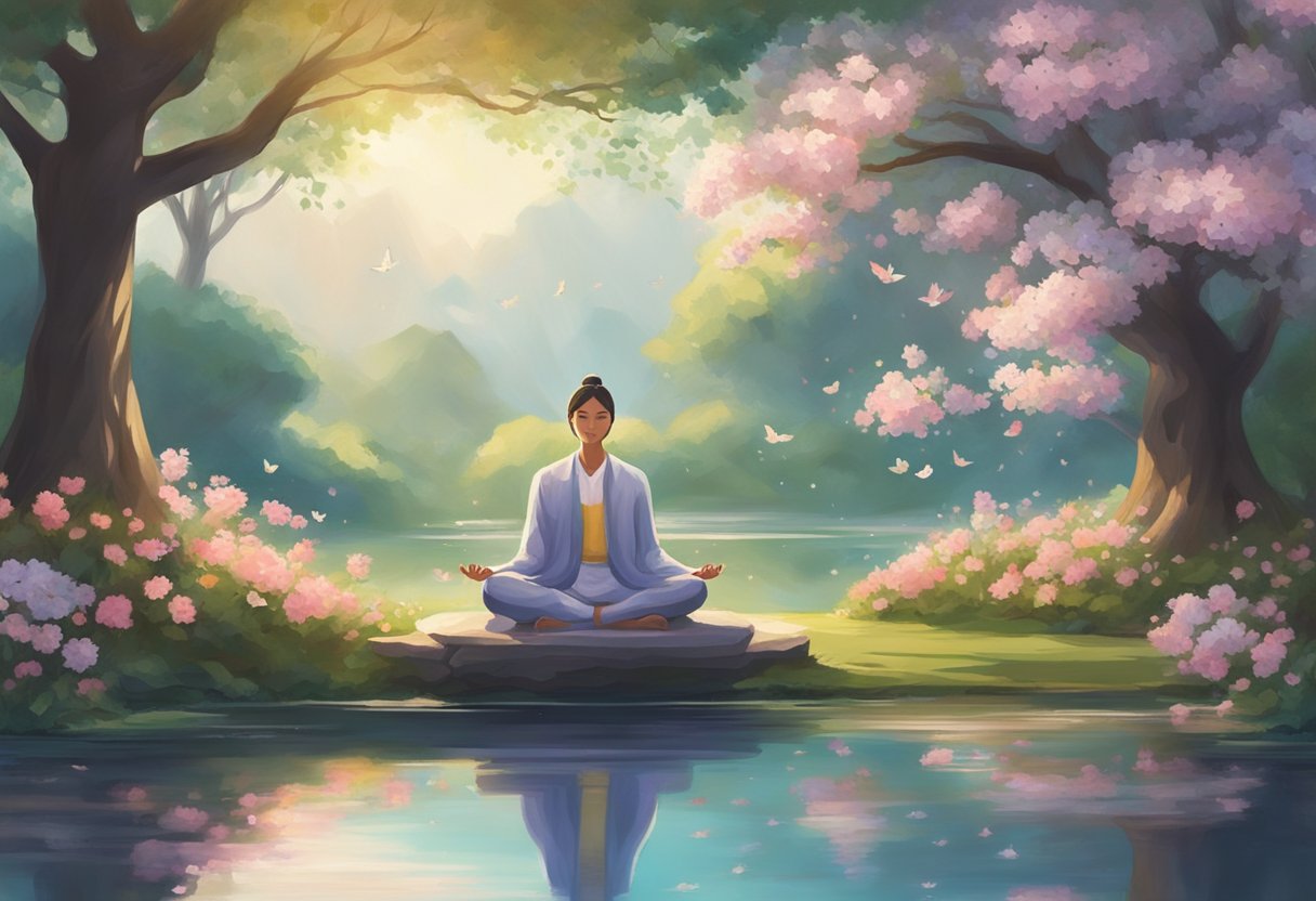 A serene garden with blooming flowers, a tranquil pond, and a gentle breeze. A figure meditates under a blossoming tree, surrounded by symbols of renewal and spiritual energy