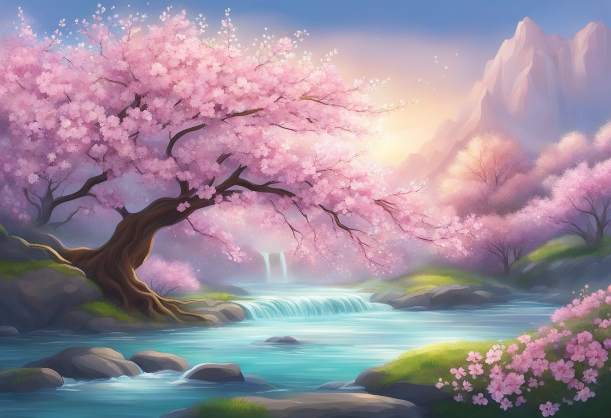 A blooming cherry blossom tree surrounded by flowing streams of water and vibrant greenery, symbolizing spiritual renewal and energy for the spring season