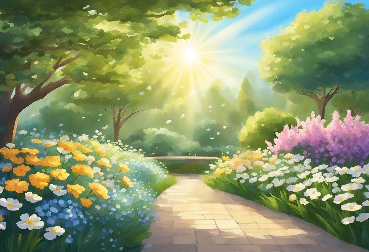 A serene garden with blooming flowers, a gentle breeze, and a bright sun shining in the sky, creating a peaceful and rejuvenating atmosphere for spiritual practices