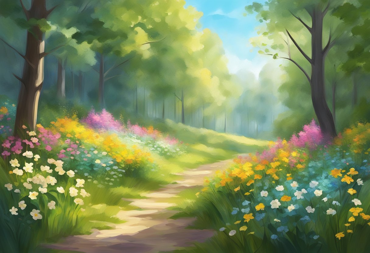 A serene forest glade bathed in soft sunlight, with colorful flowers in bloom and a gentle breeze rustling the leaves, creating a feeling of renewal and connection to nature