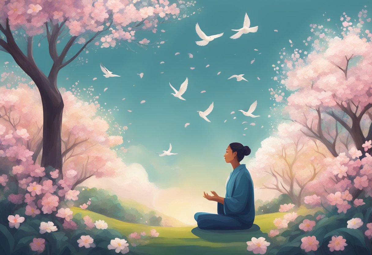 A serene garden with blooming flowers, birds singing, and a gentle breeze. A person meditates under a blossoming tree, surrounded by a feeling of renewal and spiritual connection