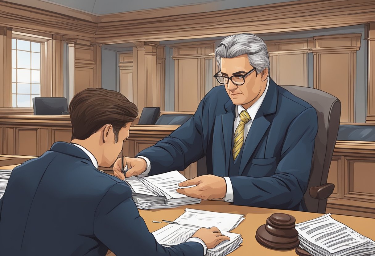 A lawyer files paperwork in a courthouse, transferring points outside the deadline. The judge reviews the case, while the lawyer presents evidence