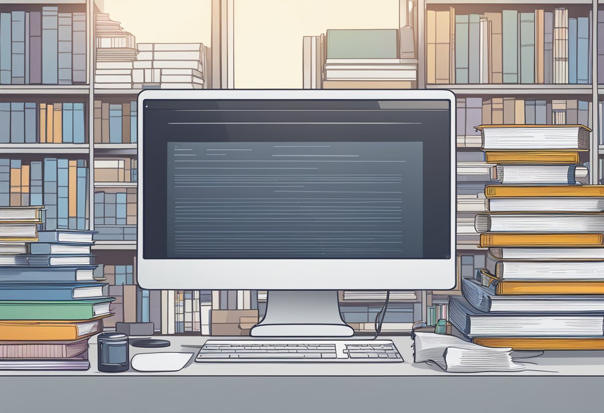 An AI program types on a computer, surrounded by legal books and documents