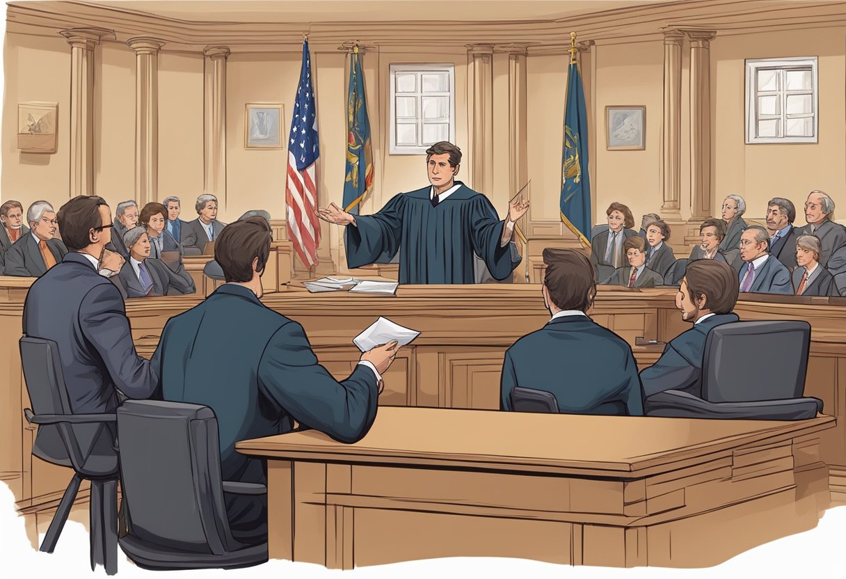 A courtroom scene with a judge, plaintiff, and defendant. The plaintiff's lawyer presents evidence of the transfer of points and fines, arguing for a transfer outside the deadline