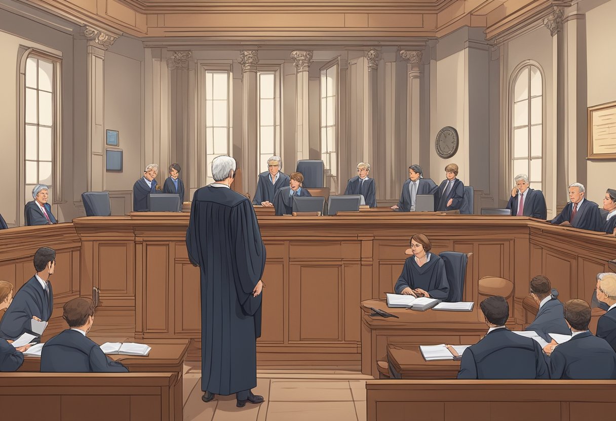 A courtroom scene with a judge presiding over a case involving the transfer of points outside the deadline, with lawyers presenting arguments and evidence
